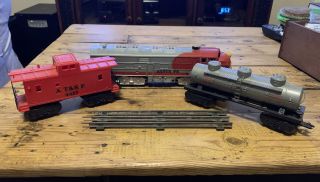 3 Vintage Marx Train Cars 1095 Santa Fe Locomotive,  Utlx 284 Tanker,  Caboose