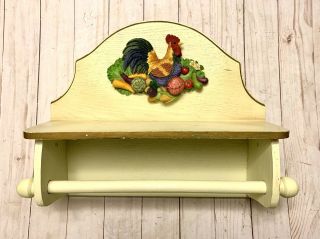 Vintage Solid Wood Rooster Paper Towel Holder Wall Mount Rustic Farmhouse