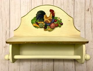 Vintage Solid Wood Rooster Paper Towel Holder Wall Mount Rustic Farmhouse 2