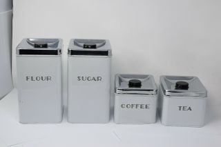 Vtg Set Of 4 Garner Ware Tin Canisters Containers Sugar Tea Coffee Flour White