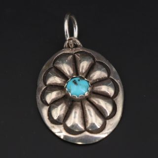 Vtg Sterling Silver Navajo Stamped Concho Flower Turquoise Pendant - 4g