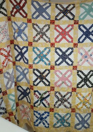 Vintage Quilt Top Multi Color Machine Stitched 74 X 64 Yellow Border 5963