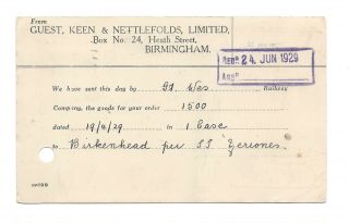 Vintage Postcard Guest,  Keen And Nettlefolds Ltd,  Birmingham.  Dated 24 Jun 1929