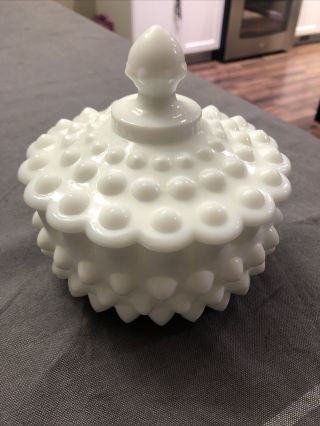 Vintage Fenton Milk Glass White Hobnail Candy Dish With Lid 3883