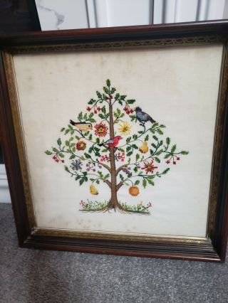 Vintage Tree Of Life Sampler Needlepoint Embroidered Crewel Antique Wood Frame