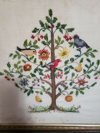 Vintage Tree Of Life Sampler Needlepoint Embroidered Crewel Antique Wood Frame 2