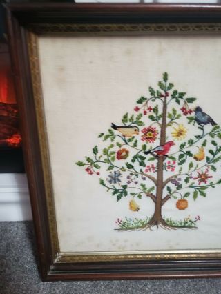 Vintage Tree Of Life Sampler Needlepoint Embroidered Crewel Antique Wood Frame 3