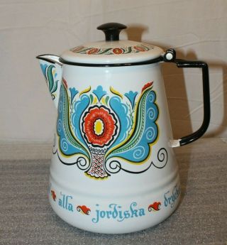 Vintage Berggren Folk Art Enamelware Coffee Water Pot Kettle W/ Swedish Saying