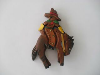 Vintage Hand Carved Wooden Horse And Cowboy Pin/brooch