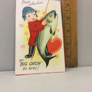 Vtg Valentine Card Boy Fisherman Red Flocked Coat Big Fish " Big Catch "