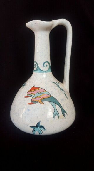 Vintage Pottery Ceramic Pitcher Vase Painted Dolphin Jumping Hand Made Greece