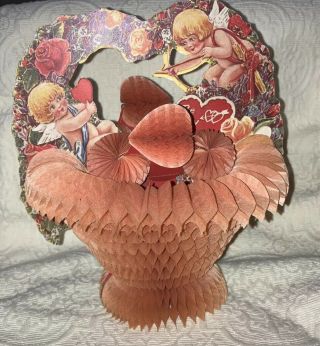 Vintage 1940’s Victorian Valentine’s Day Honeycomb Basket Folding Decoration