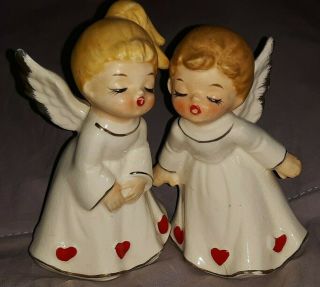 Vtg - Lefton Kissing Boy/girl Angels W/ Hearts Figurines Valentine Figure Japan