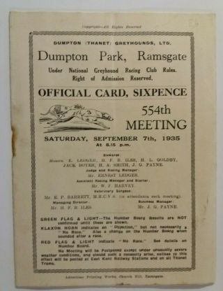 Vintage Greyhound Racecard Dumpton Park,  Ramsgate - 1935