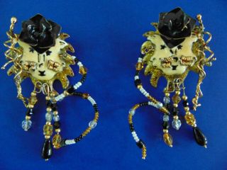 Vintage " Lunch At The Ritz " Lions And Roses Pierced Earrings