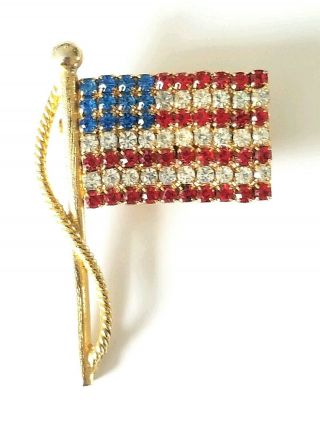 Vintage Rhinestone Usa American Flag Brooch Gold Tone Patriotic Pin July 4th
