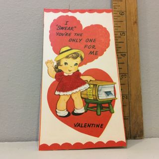Vtg Valentine Card Little Girl Red Flocked Dress Hand On Bible " I Swear "