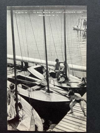 Sail Boats At Camp Lawrence Cory,  Penn Yan,  Ny Vintage Postcard