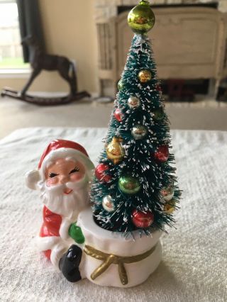 Vintage Santa Claus Candle Holder Figure Glass Bead Christmas Bottle Brush Tree