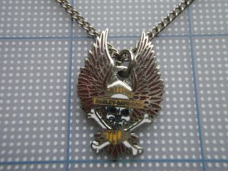Vtg 80s Harley Davidson Skull Crossbones Wings Biker Necklace Red Silver Pendant