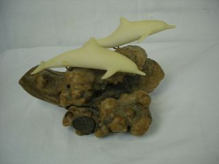 Vintage John Perry Sculpture A Dolphins On A Large Burl - Wood Base