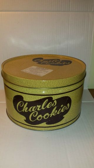 Vintage Charles Cookies Metal Tin Can Canister Sand Tarts Sticker On Lid