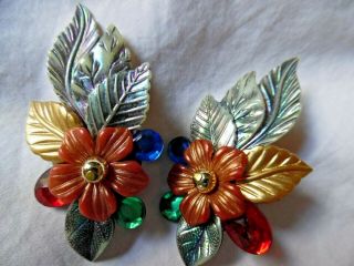 Vintage - Bronze/irridescent/multi Coloured Leaf/floral Crystal Clip On Earrings