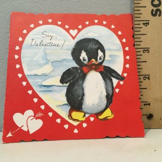 Vtg Valentine Card Little Black Penguin Red Bowtie Golden Bell