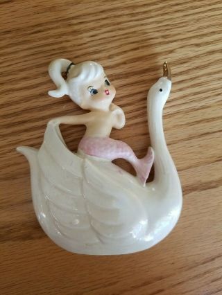 Vintage Norcrest Ceramic Porcelain Mermaid Swan Wall Plaque Pink Bathroom Decor