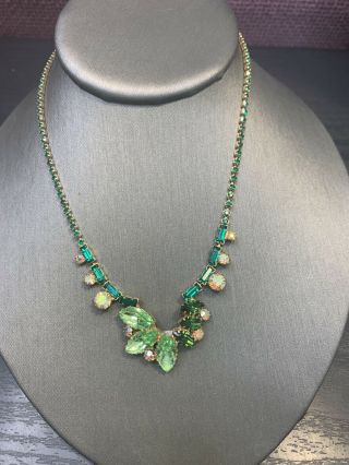 Vintage D&e Juliana Emerald Green Ab Glass Rhinestone Cluster Necklace 15”