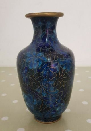 Quality Small 16 Cm Vintage Blue Oriental Cloisonne Brass Vase