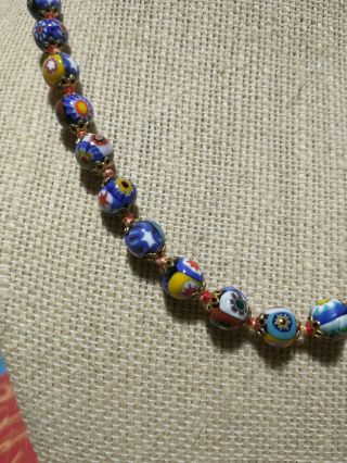 Vtg Italian Venetian Murano Millefiori Art Glass Bead Necklace Filigree Caps 19 "