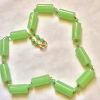 Vintage Art Deco? Apple Green Vaseline Glass Cylindrical Wired Beaded Necklace