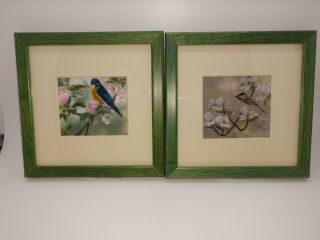 Vintage Framed And Matted Silk Embroidery Birds And Flowering Trees
