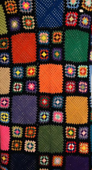Vintage Multicolor Granny Square Afghan Crochet Blanket Throw Handmade 53” X 92”