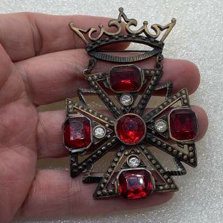 Vintage CROWN And CROSS BROOCH Pin Rhinestone Royal Red Costume Jewelry 2