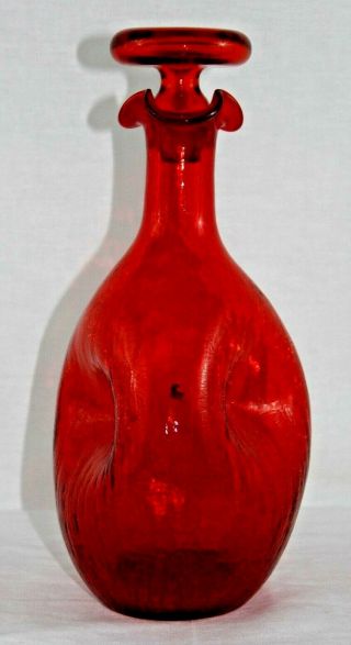 Vintage Blenko Crackle Ruby Red Crackled Pinched Glass 11 1/2 " Decanter Anderson