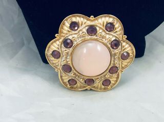 Vtg.  Monet Gold Tone & Purple Rhinestone Pink Cabochon Flower Brooch