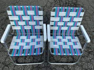 Set 2 Vintage Folding Aluminum Lawn Patio Beach Chairs Blue Pink Purple Mcm Euc