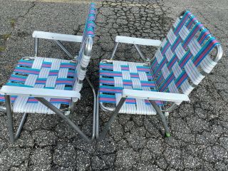 Set 2 Vintage Folding Aluminum Lawn Patio Beach Chairs Blue Pink Purple MCM EUC 3