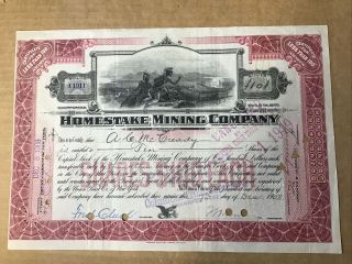 Vintage 1908 Homestake Mining Company Stock Certificate