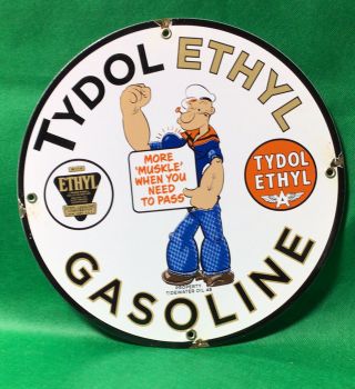 Vintage Porcelain Popeye Tydol Ethyl Gasoline Gas Oil Sign Marked 48 Pump Plate