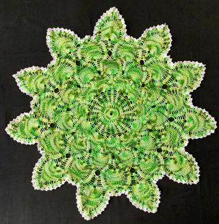 Vintage 28” Doily Handmade Crochet Cotton Variegated Green White Star Christmas