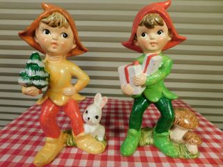 Vintage Christmas Pixie Elf Figurines Woodland Scene Mushrooms Bunny Homco Set O