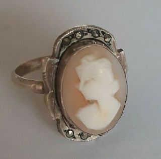 Rare Gorgeous Vintage 800 Sterling Silver Cameo Marcasite Ring.
