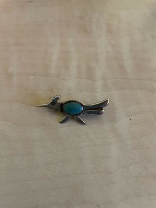 Vintage Navajo Road Runner Sterling Silver Pin Turquoise Bell Trading Post