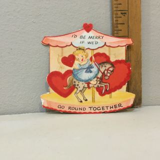 Vtg Valentine Card Girl Carrosel Red Flocked Hearts " Merry Go Round "