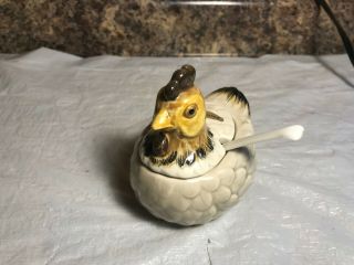 Vintage Rooster Chicken Lidded Condiment Dish With Spoon
