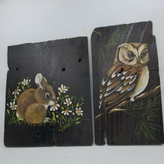 Vintage Hand Painted On Wood Owl And Bunny Rabbit Signed.