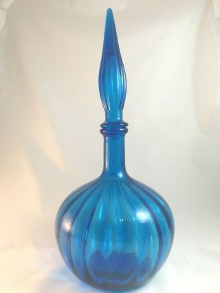 Vintage Genie Bottle Blue Mid Century Empoli Onion Glass Decanter Italian
